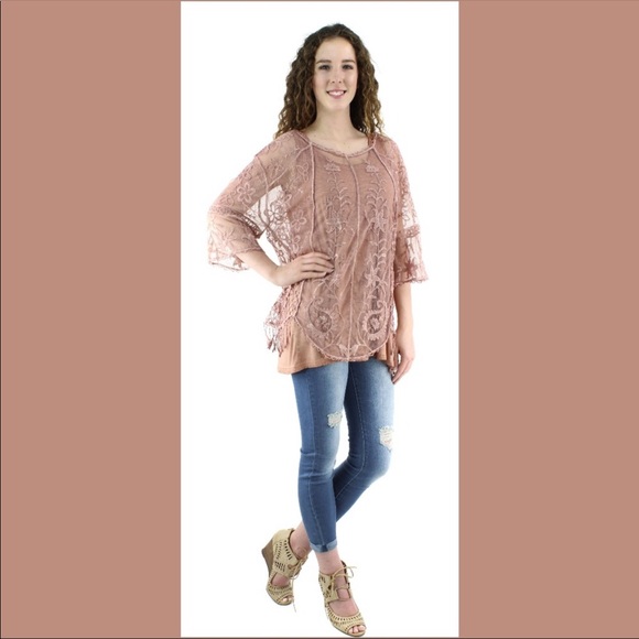 🎈Very Moda Lace Paisley Fringe Tunic Rose Pink - Picture 3 of 5